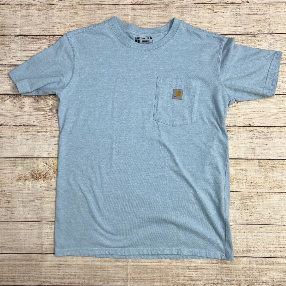 Women's Carhartt‎ Light Blue Heather Loose Fit Pocket T-Shirt Workwear Small